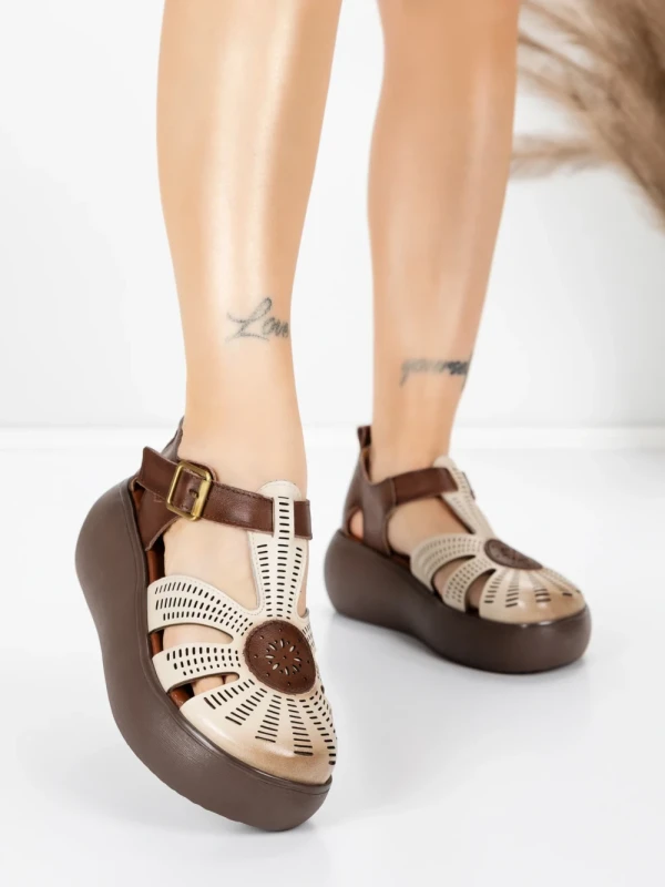 Sandale Dama din piele naturala 10682 CREAM-BROWN | ADVANCER