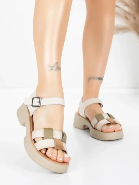 Sandale Dama din piele naturala 251077 CREAM-GREEN | ADVANCER