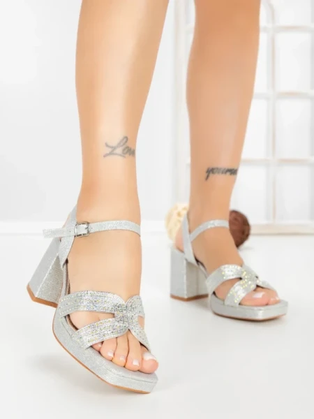 Sandale Dama cu Toc Gros F20-85 SILVER | FESTISIMO