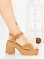 Sandale Dama cu Toc Gros si Platforma A68350 CAMEL | ANDERINA