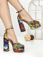 Pantofi cu Toc Gros si Platforma 9288-1 RED-YELLOW | CHERIE