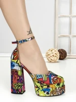 Pantofi cu Toc Gros si Platforma 9288-1 RED-YELLOW | CHERIE