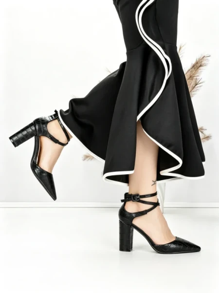 Pantofi cu Toc Gros 7063 BLACK | BEUE SHOES
